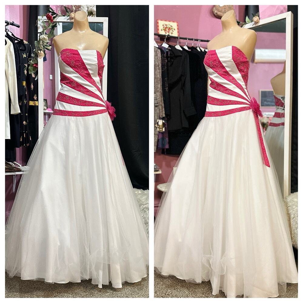 Vintage Y2K Prom Party Formal Evening Dress Pink White Strapless Beaded Fairy M